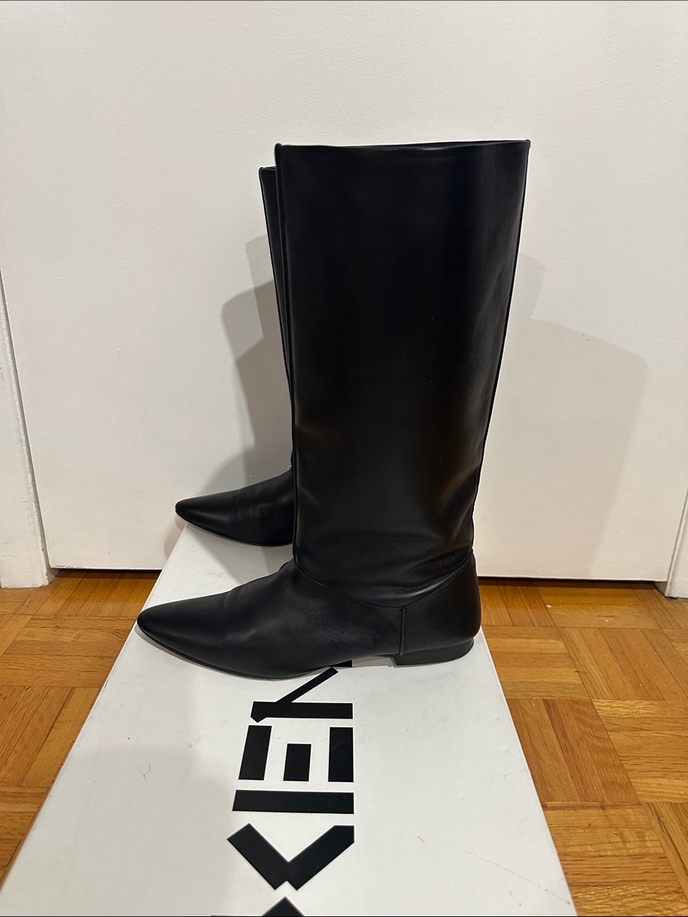 Kenzo Black Leather Knee-High Pointed Toe Boots
